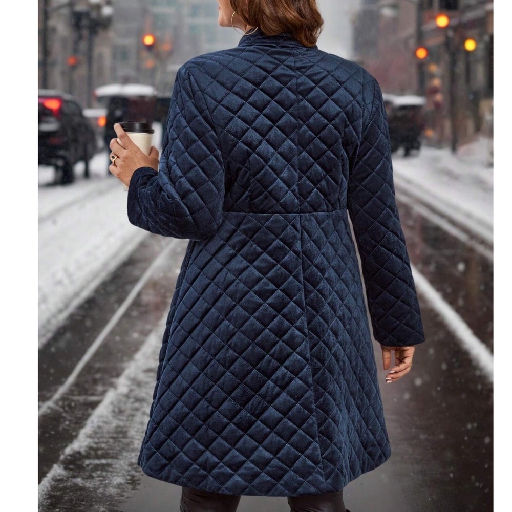 Plus Quilted Button Down Pockets Jacket Coat - Picture 10 of 11